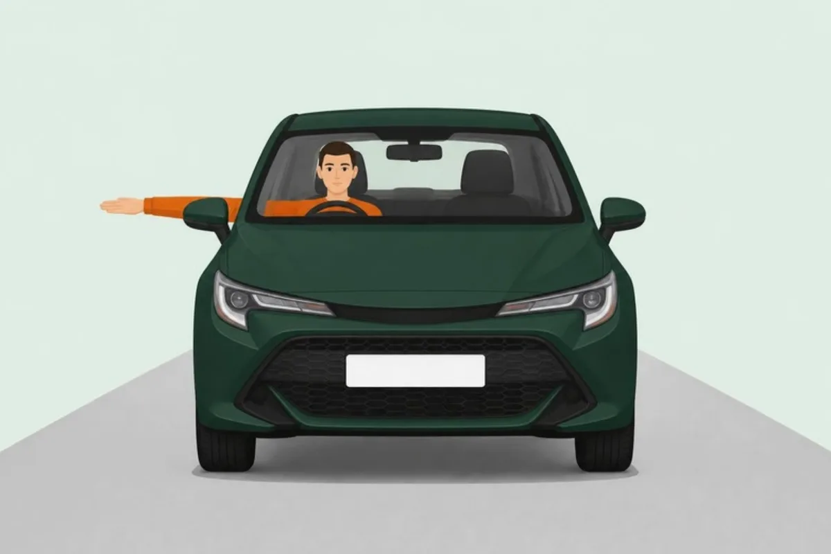 Driver's right arm held straight out of the window, seen from the front