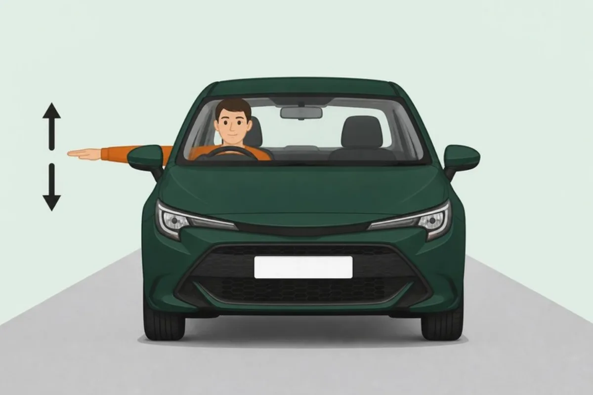 Driver's right arm out of the window moving up and down, seen from the front