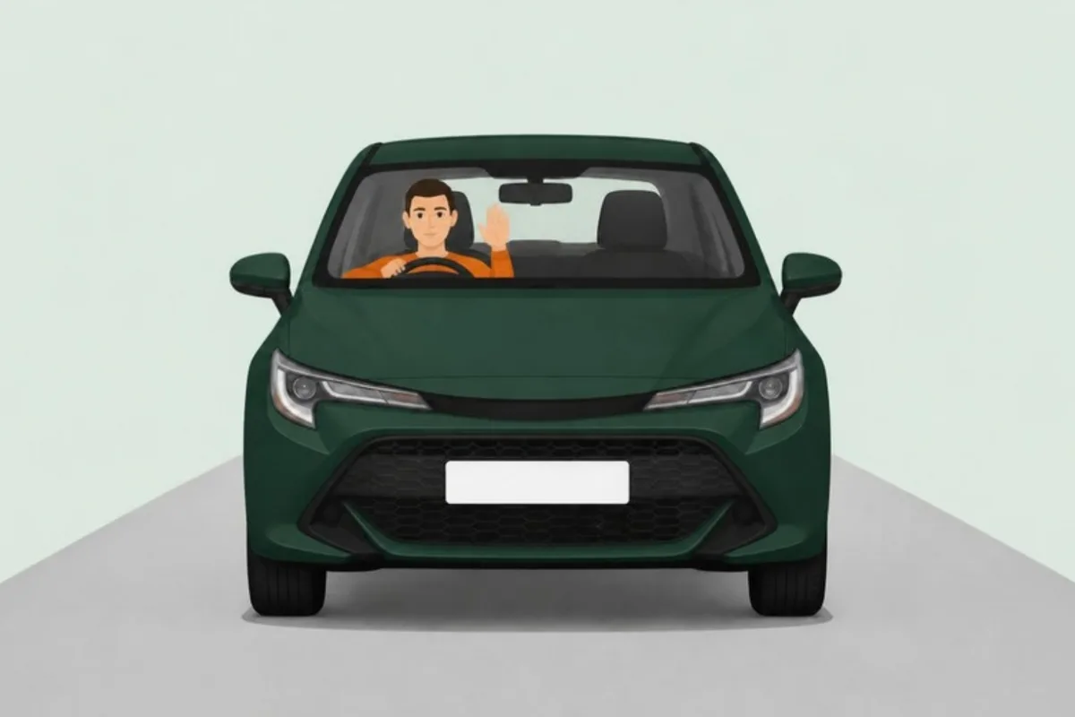 Driver's right hand on the wheel and left hand raised, palm facing forward, seen from the front